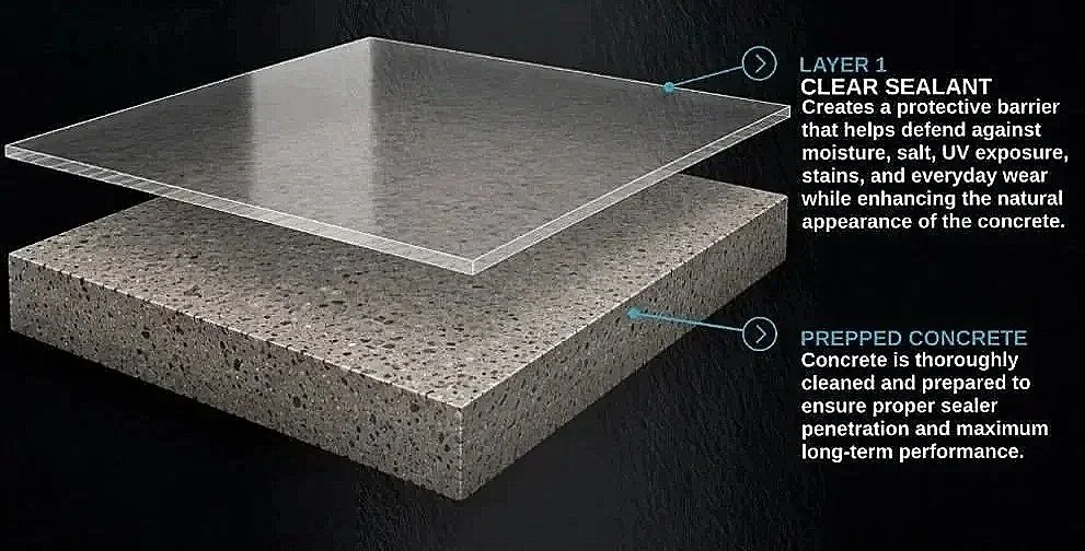 Diagram showing a clear sealant layer on top of prepped concrete. The sealant layer is labeled 'Layer 1' and is described as creating a protective barrier against moisture, salt, UV exposure, stains, and wear while enhancing appearance. The concrete layer beneath is labeled 'Prepped Concrete' and is described as thoroughly cleaned and prepared for proper sealing and long-term performance.
