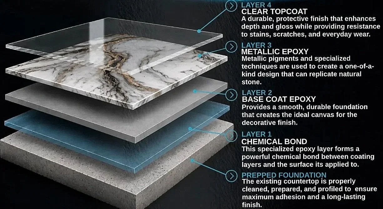 Diagram showing the layered construction of a countertop, including prepped foundation, chemical bond layer, base coat epoxy, metallic epoxy, and clear topcoat.