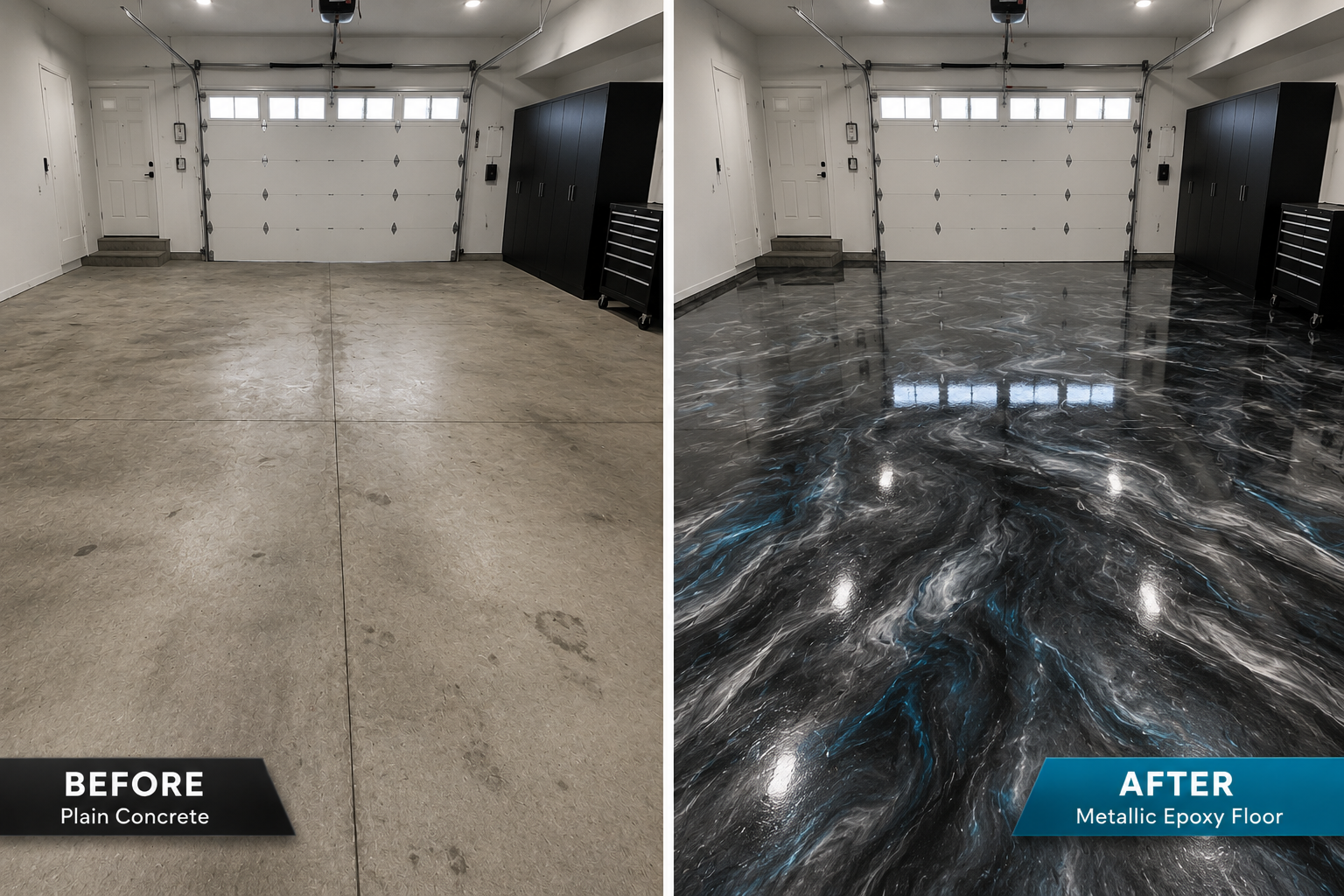 Comparison of a garage floor before and after installing a metallic epoxy floor. The left side shows plain concrete, and the right side displays a glossy, black and blue marbled epoxy finish.
