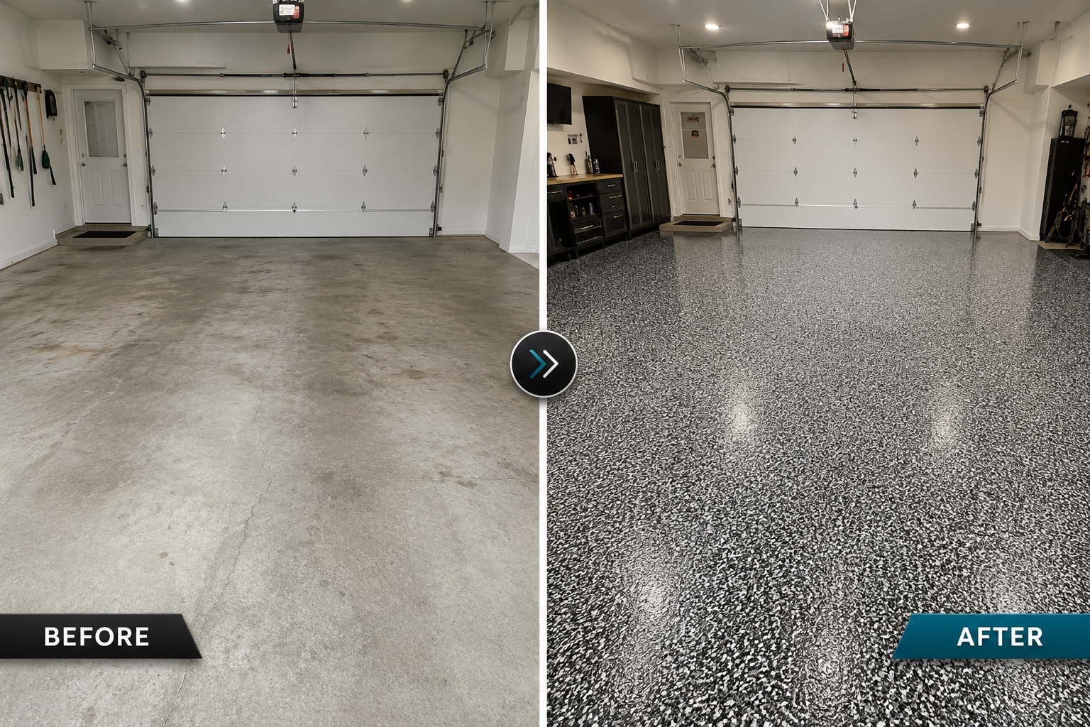 Comparison of a garage before and after renovation. The left side shows an empty, plain concrete floor with some stains. The right side shows the same garage with a finished black and white flake system epoxy floor.