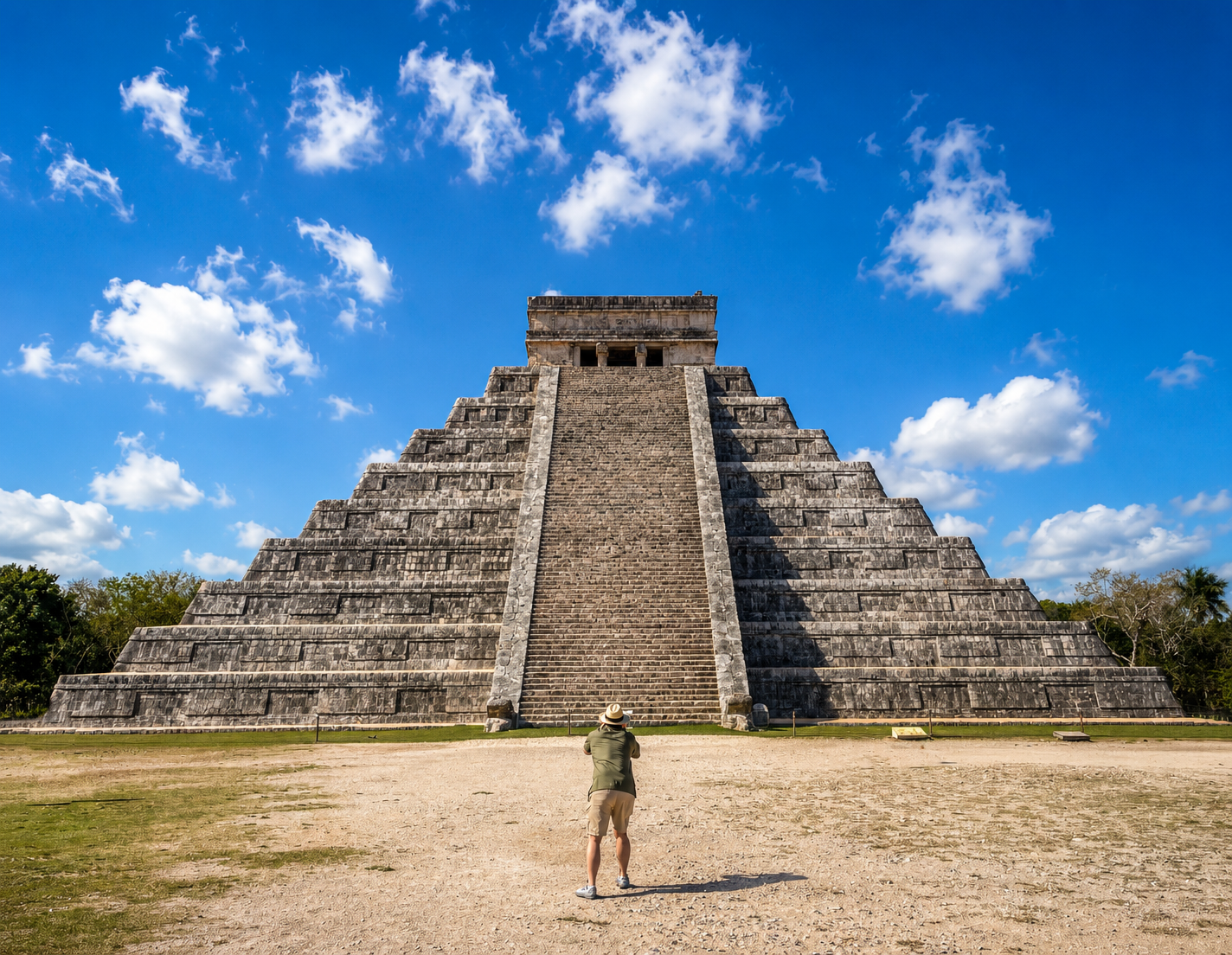 El Castillo, the Temple of Kukulcan at Chichen Itza in Yucatán, Mexico, with a traveler admiring the Maya pyramid.