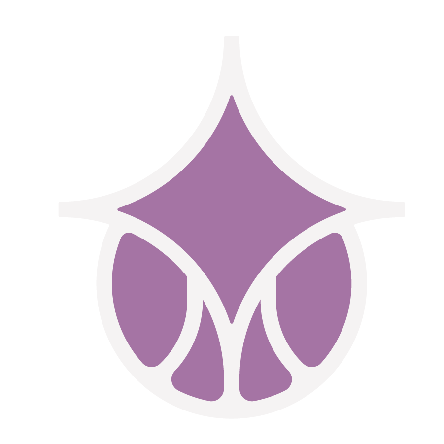 A stylized, abstract purple and white design resembling a decorative or symbolic emblem.