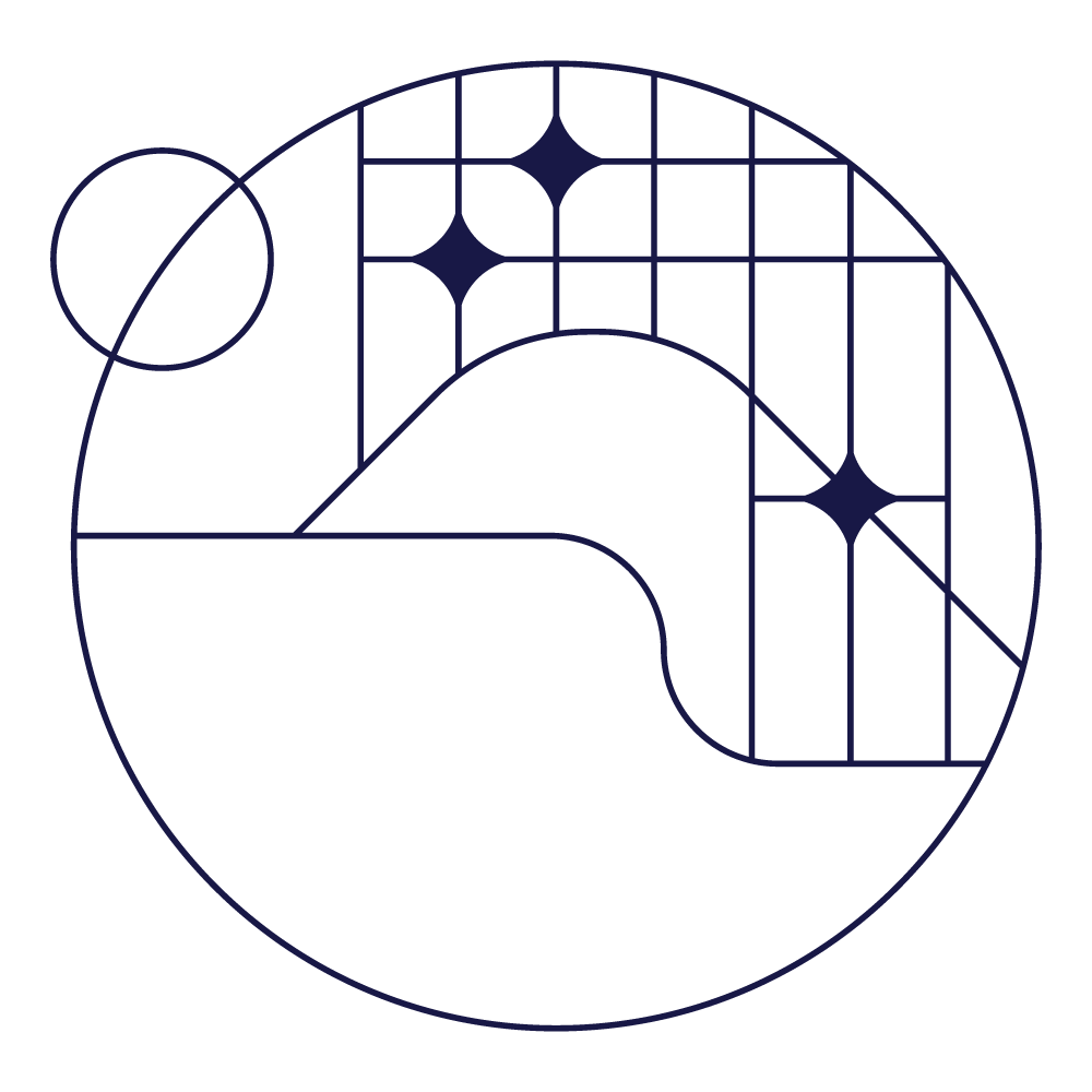 A dark blue stylized Apple logo with geometric lines and star-like shapes inside, set against a black background.