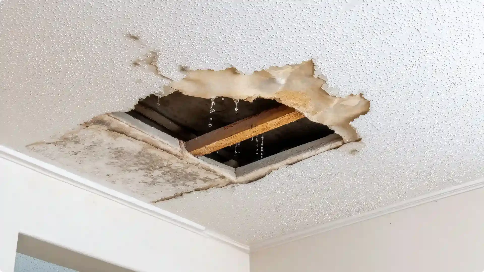 Ceiling with a large hole exposing the attic space, with water leaking through the gap.