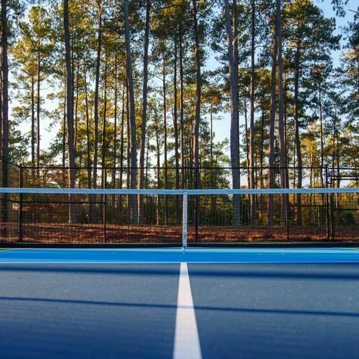 An empty tennis court with a white line in the center, surrounded by a black fence, with tall trees in the background and a blue sky overhead.