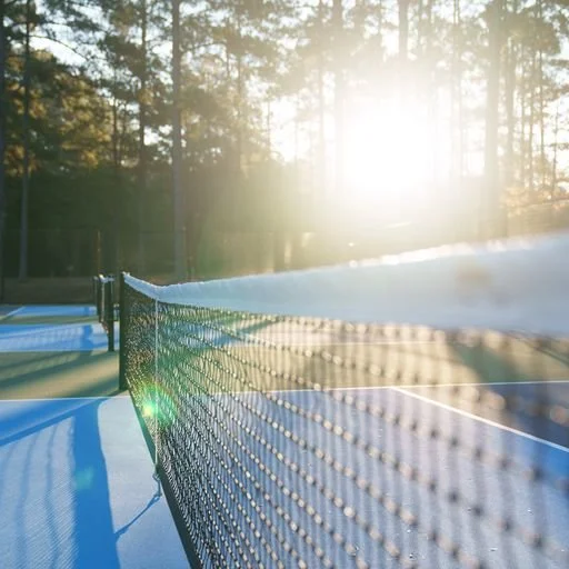 A tennis court covered in snow with a tennis net in the foreground, illuminated by sunlight in a wooded area.