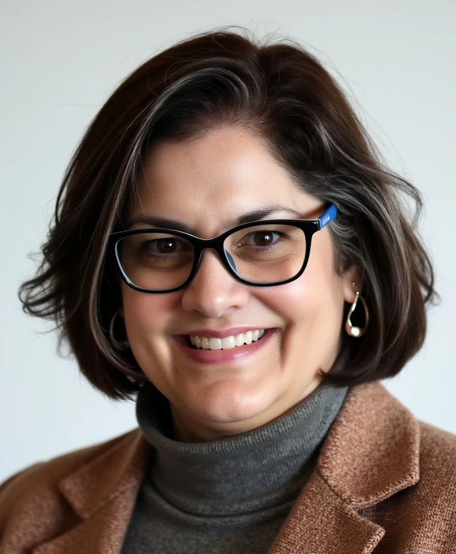 Close-up of a Kim Rizzi Moore, SHRM-SCP with short brown hair, black glasses, earrings, wearing a brown blazer and gray turtleneck, smiling.