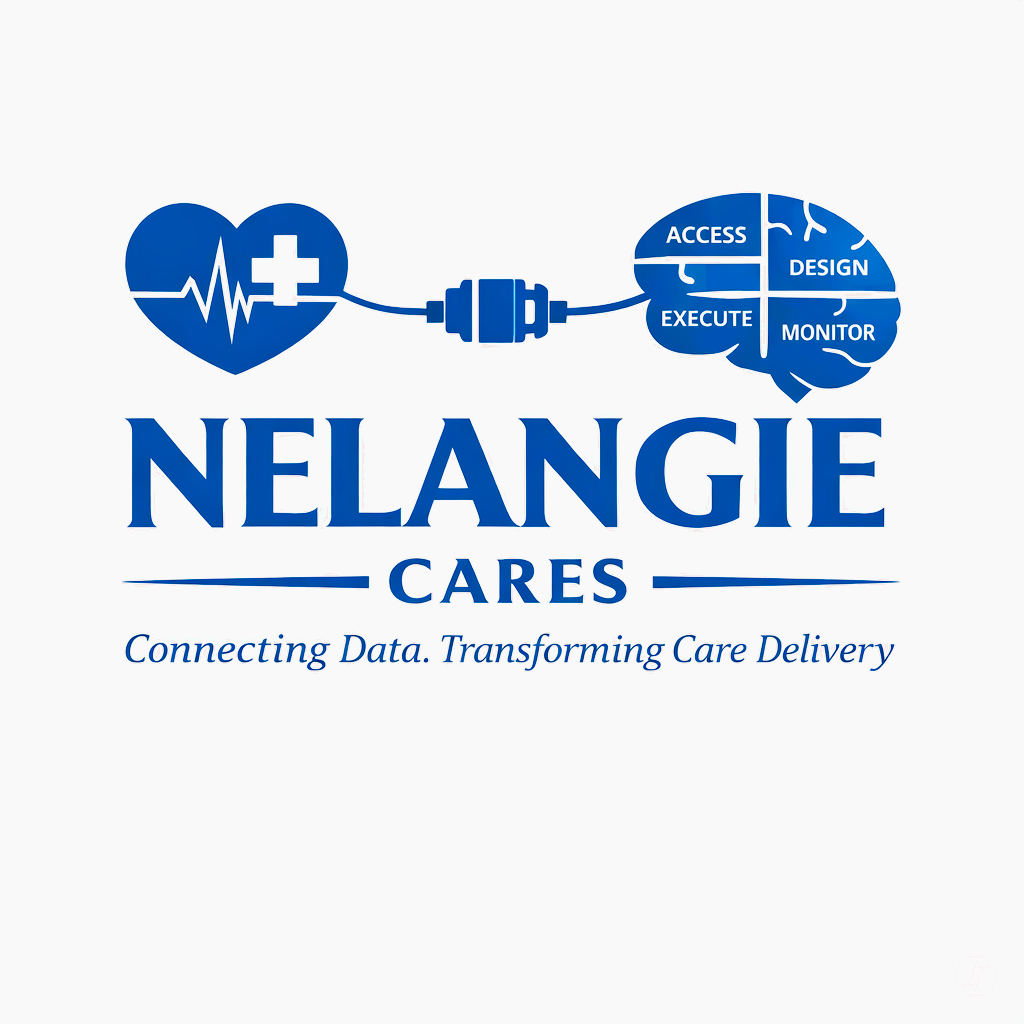 Logo for Nelangie Cares featuring a heart with a medical cross and heart rate line connected to a brain with words ACCESS, DESIGN, EXECUTE, and MONITOR, and the tagline "Connecting Data. Transforming Care Delivery".