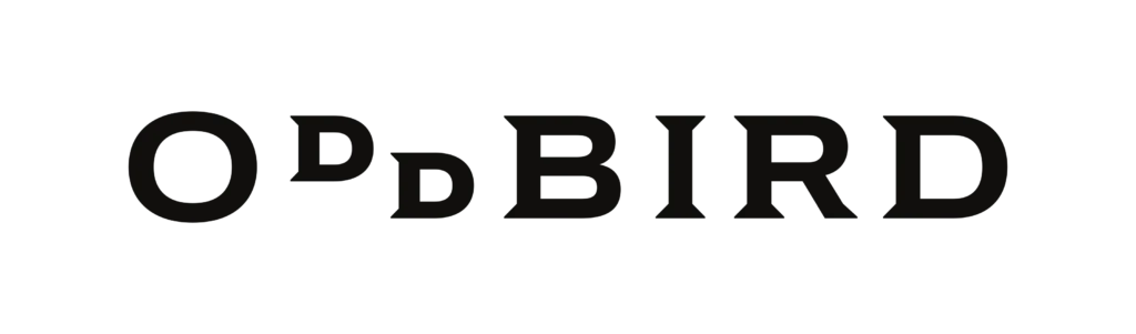 Close-up of black text that reads 'OdpBird' on a white background.