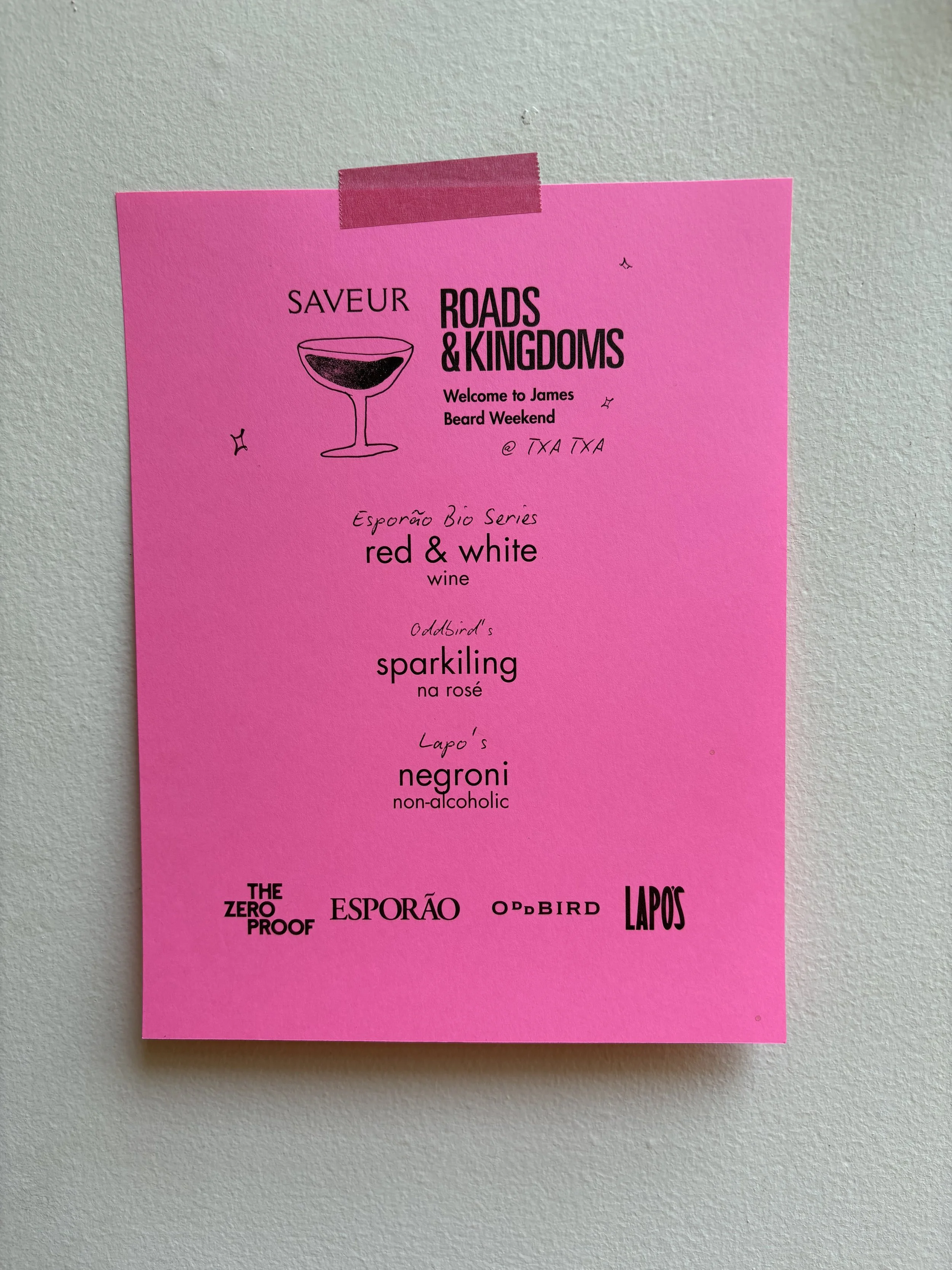 Pink event flyer for Roads & Kingdoms at TXA TXA with a wine glass illustration and various event details.