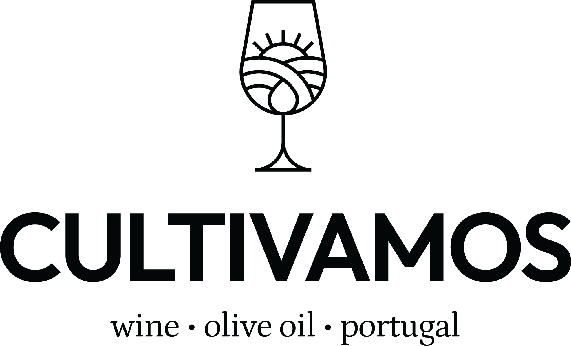 Logo of Cultivamos featuring a line drawing of a wine glass with a landscape of a sun, hills, and fields inside, and the text "CULTIVAMOS" below with smaller text "wine · olive oil · portugal".