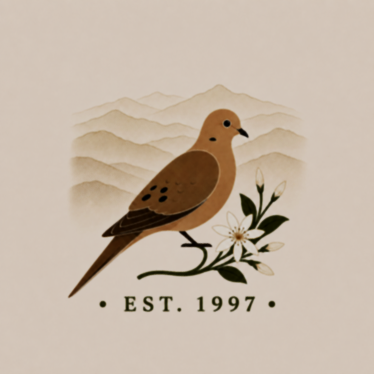 Illustration of a brown bird perched on a branch with white flowers and green leaves, with a background of mountains and the text 'EST. 1997'.