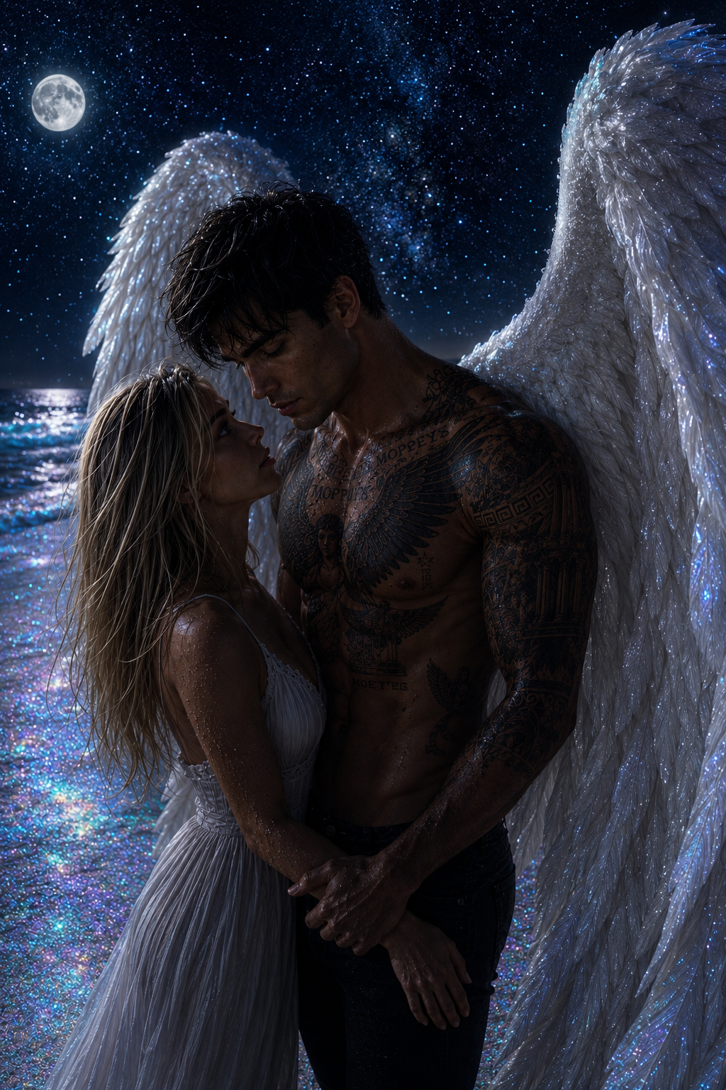 A man with large angel wings and numerous tattoos, and a woman in a white dress, standing closely together under a starry night sky with a full moon, holding hands on a glittering beach.