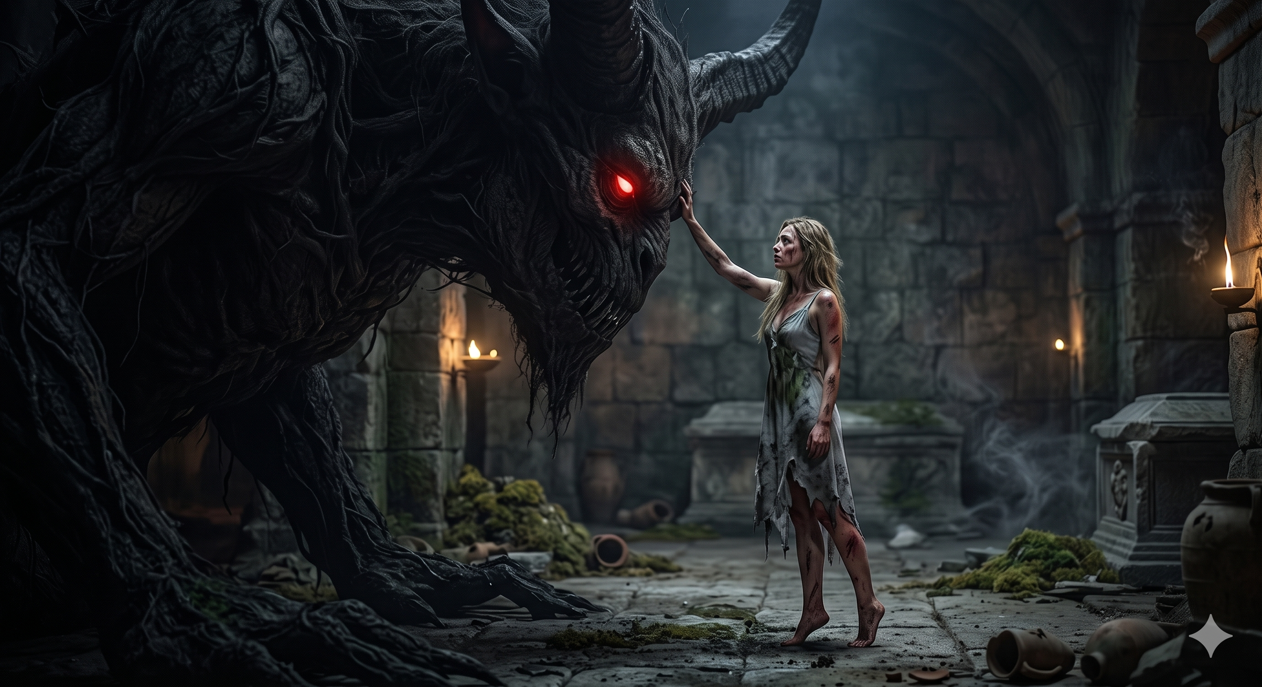 A woman with long blonde hair, wearing a tattered dress and covered in dirt and scratches, touches the face of a large, dark, dragon-like creature with glowing red eyes inside a stone chamber with torchlight.