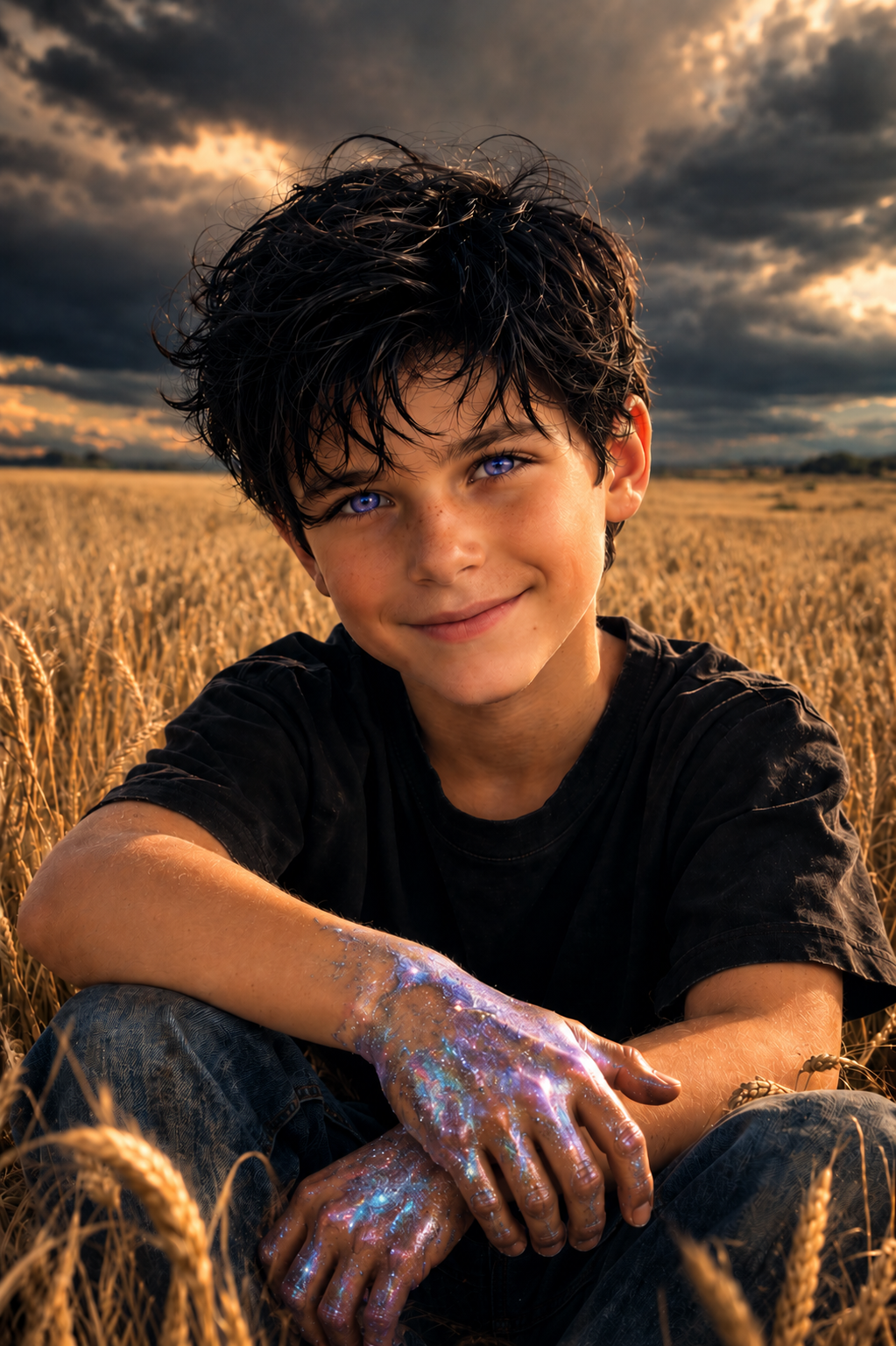 A boy with black, messy hair and blue eyes sitting in a wheat field during sunset, smiling and showing glowing galaxy-like patterns on his hands.