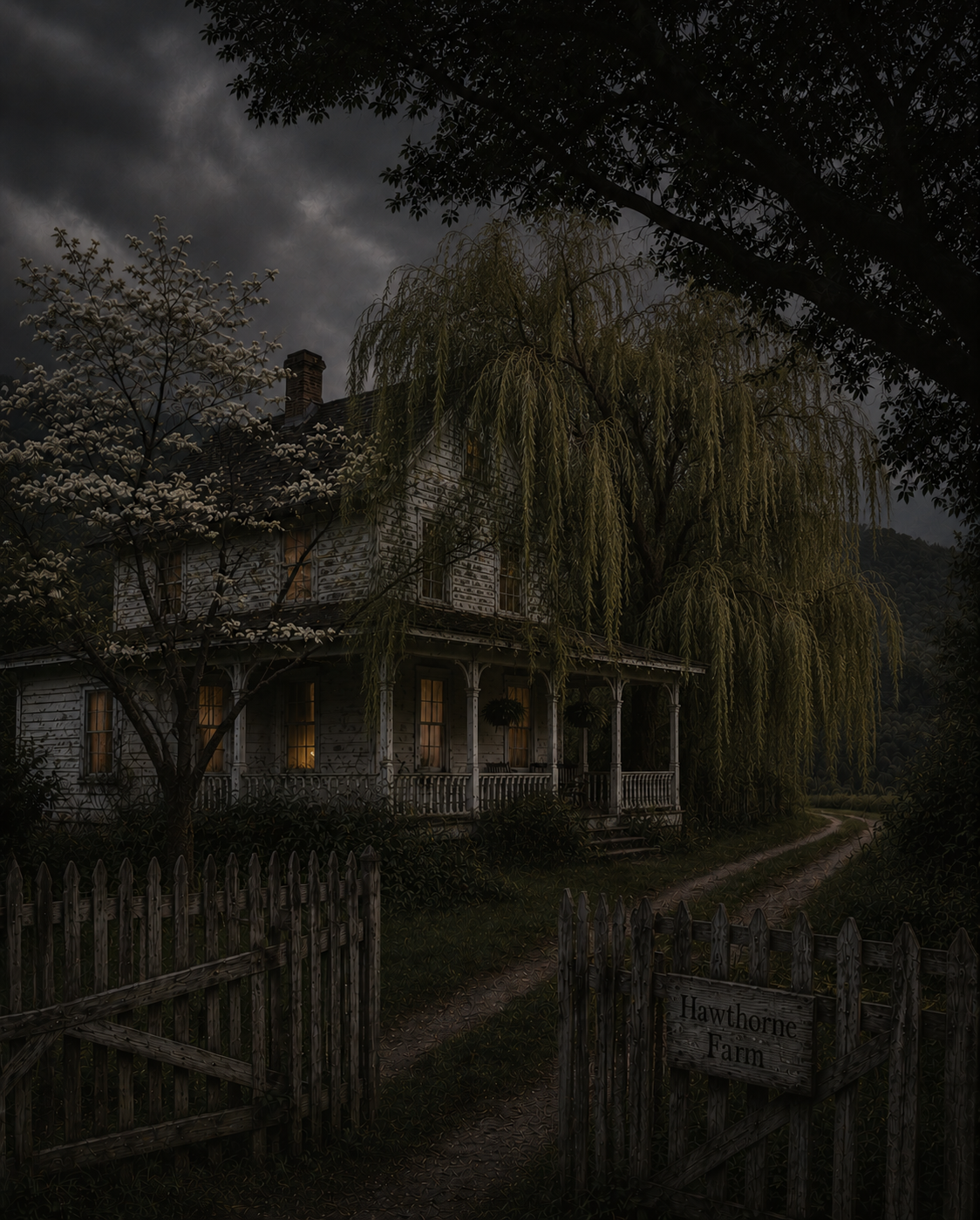 A dark, abandoned house on a farm at night, surrounded by trees and a wooden fence, with a sign reading 'Hawthorne Farm' at the gate. The house has warm light glowing from the windows, and the sky is cloudy, creating a spooky atmosphere.