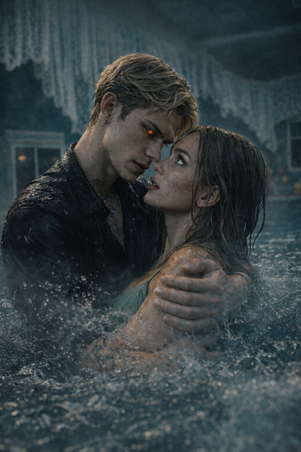 A man and woman are in a swimming pool, holding each other closely while gazing into each other's eyes, with water droplets on their skin and wet hair.