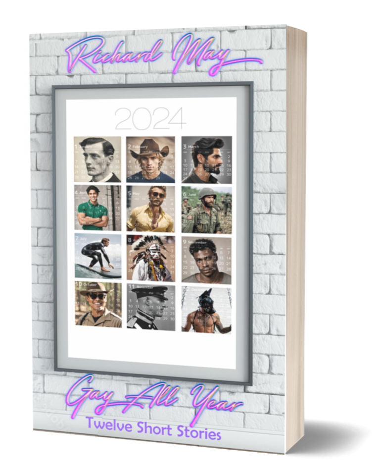 A poster titled 'Richard May' for the year 2024 features twelve short stories, each with a photo of a different man representing diverse backgrounds, styles, and uniforms. The text at the bottom reads 'Gay All Year' and 'Twelve Short Stories' in neon-style font.