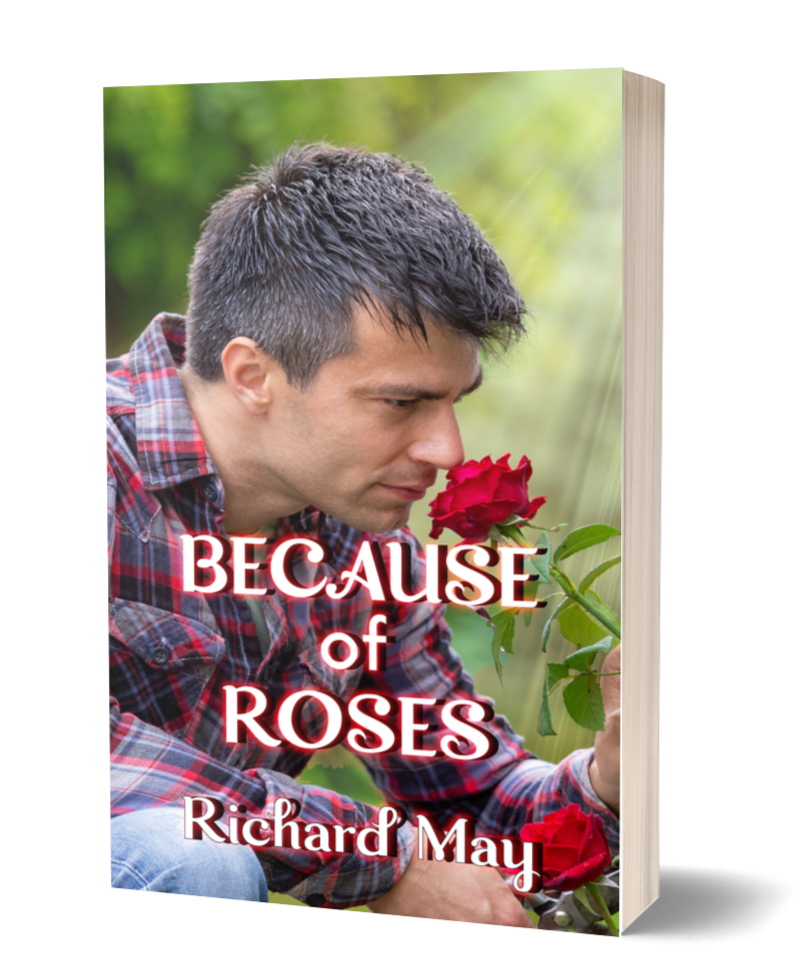 A man with short dark hair wearing a red and black plaid shirt, examining a red rose in a garden with green foliage in the background.