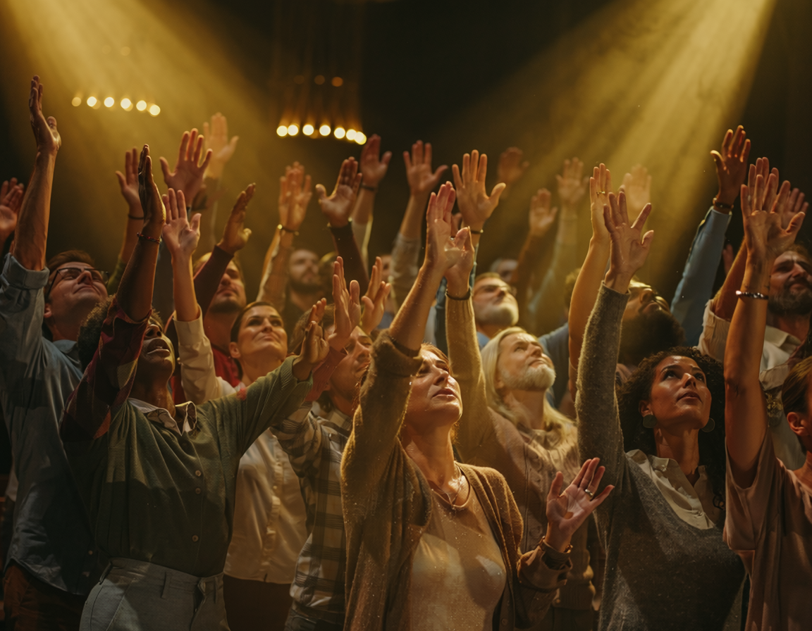 A diverse group of people raising their hands during a concert or worship event with warm lighting.