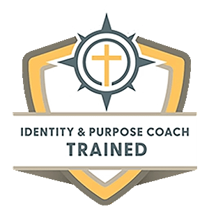 Logo with a shield, compass, and cross, stating 'Identity & Purpose Coach Trained'.