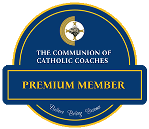 Logo for The Communion of Catholic Coaches, Premium Member, dark blue background with gold and white accents, includes a cross and a dove
