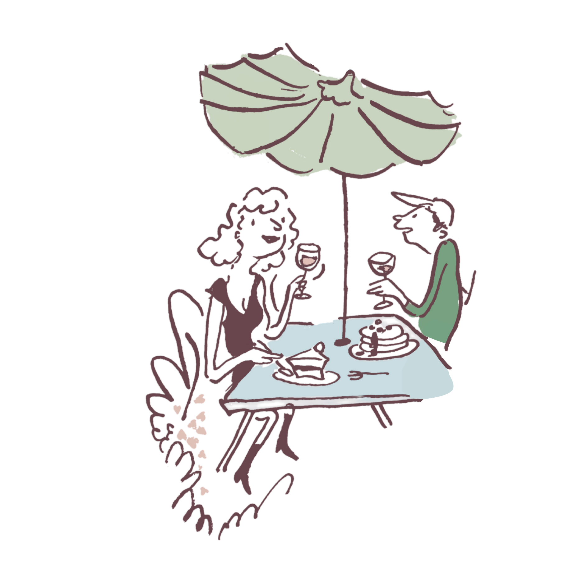 Line drawing of four people sitting at a table under a large umbrella, drinking wine, engaging in conversation, and enjoying a sunny outdoor setting with a waterfall in the background.