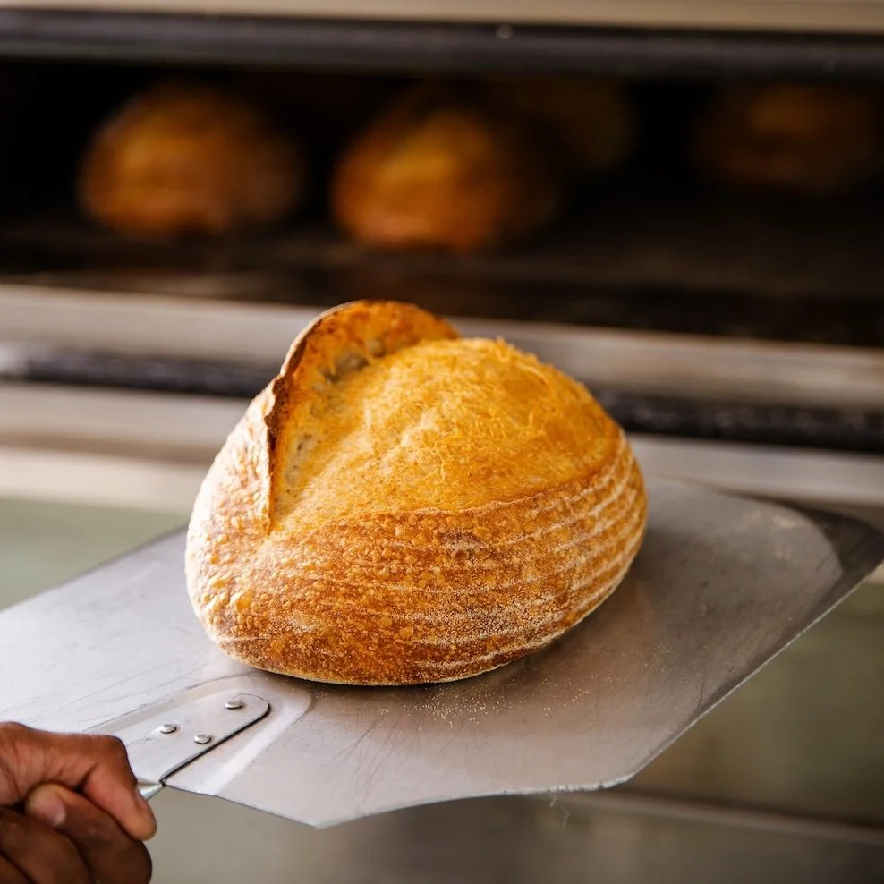 Close-up of a freshly baked bread loaf being removed from an oven with a metal peel.