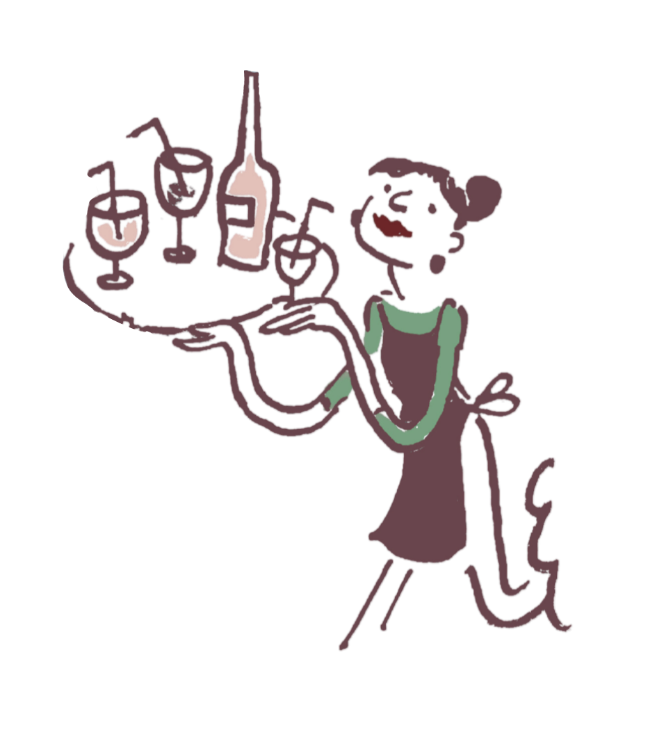 Line drawing of a cartoon girl holding a tray with wine glasses, bottles, and a pitcher.