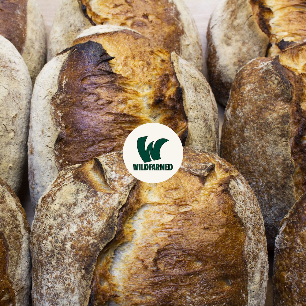 Several loaves of rustic bread with a golden crust, some with darker, charred spots, displayed on a wooden surface, with a Wildfarmed logo overlay.