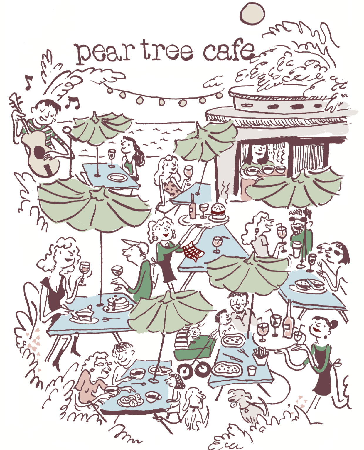 Hand-drawn illustration of an outdoor restaurant scene at Pear Tree Cafe with people dining, drinking, and enjoying live music under umbrellas, with a building in the background.