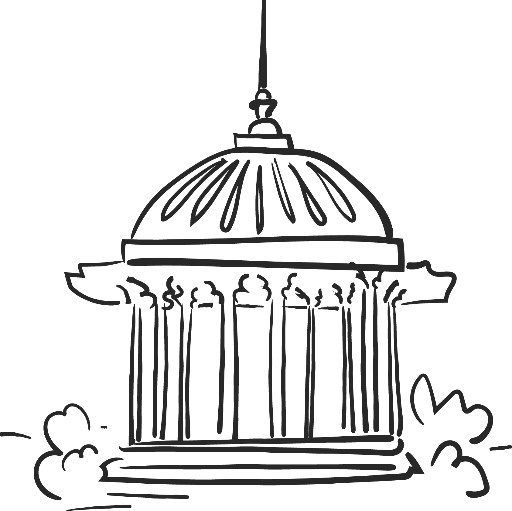Line drawing of a chandelier hanging from the ceiling with long vertical hanging prisms and decorative elements, surrounded by clouds.