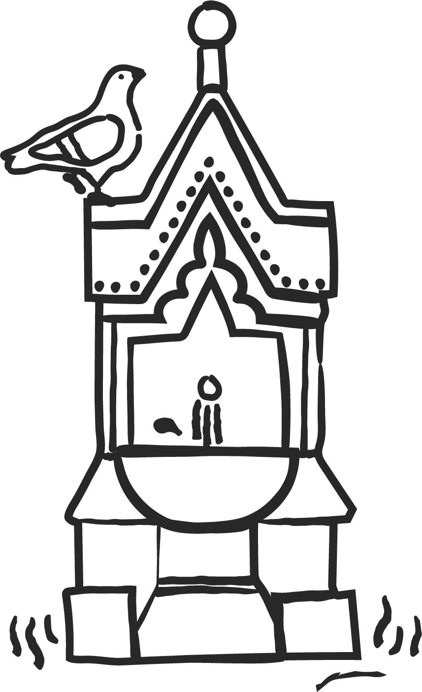 Line drawing of a small house with a large star on its front, a bird sitting on the roof, and smoke coming out of the chimney.