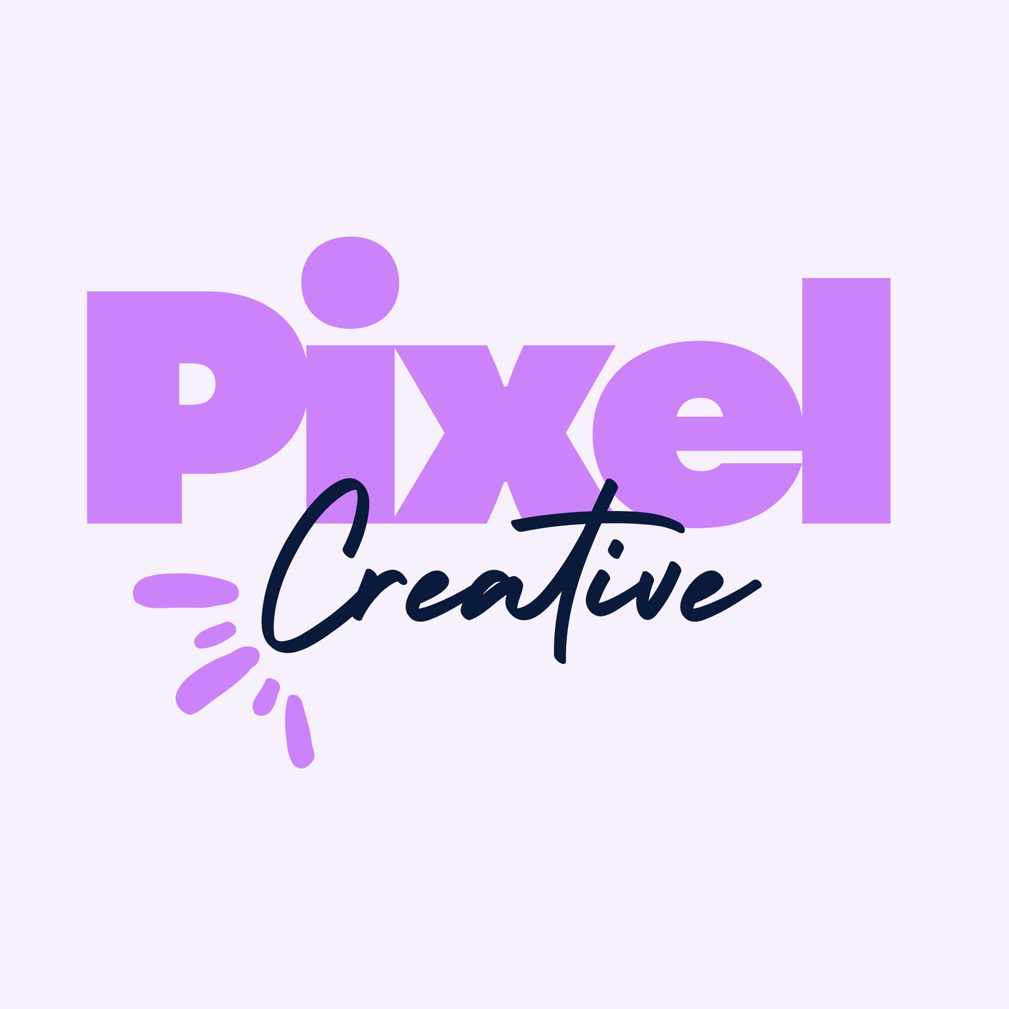 Word art saying "Pixel Creative" with a purple and black color scheme, decorative elements, and a light purple background.