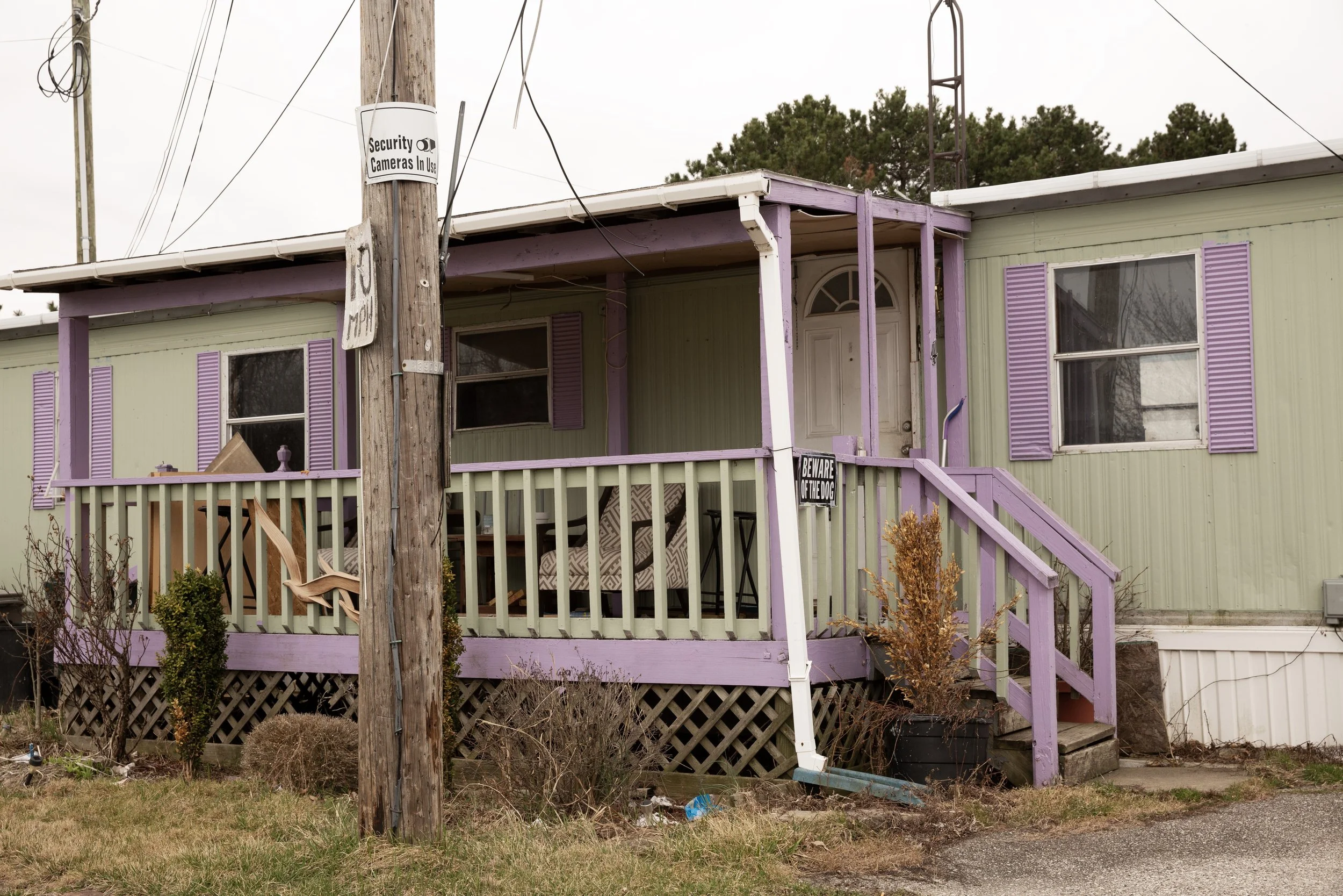 Front porch of a house painted in pastel green with purple shutters and trim, with a small set of stairs leading up to the door, and a sign on the porch that says 'Beware of the Dog'. A utility pole with a sign that says 'Security Cameras in Use' and a wooden post are in the foreground. There are trees in the background.