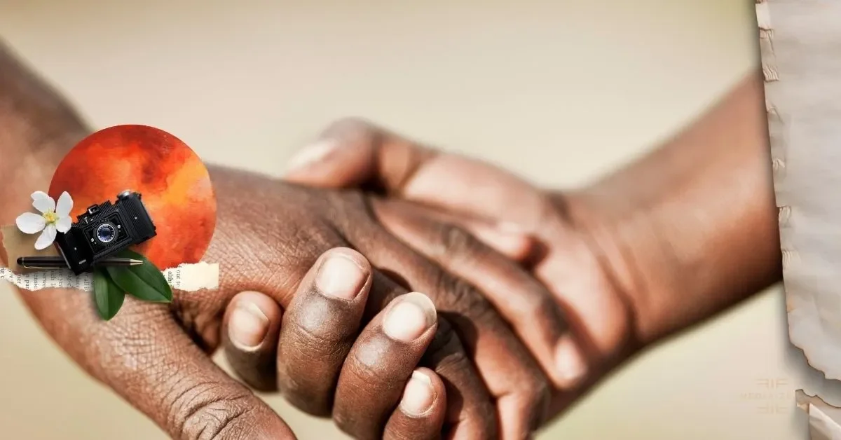Close-up of two Black people holding hands, with a collage overlay including a red-orange gradient circle, a black camera, a white flower, and green leaves. This picture reflects the Pledge to Care for Black journalism.