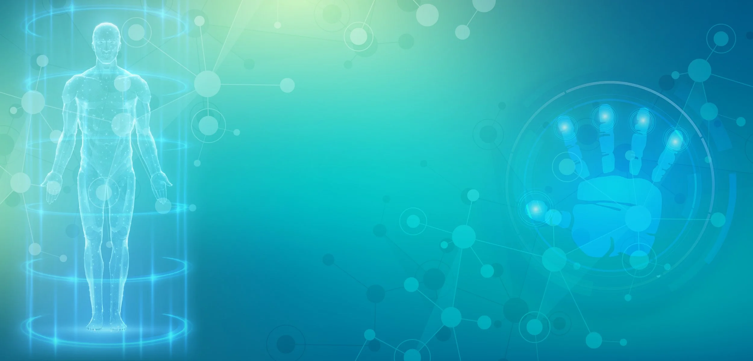 A digital illustration of a human body with a holographic appearance, surrounded by circular glowing rings, with digital network elements and abstract medical icons in the background.