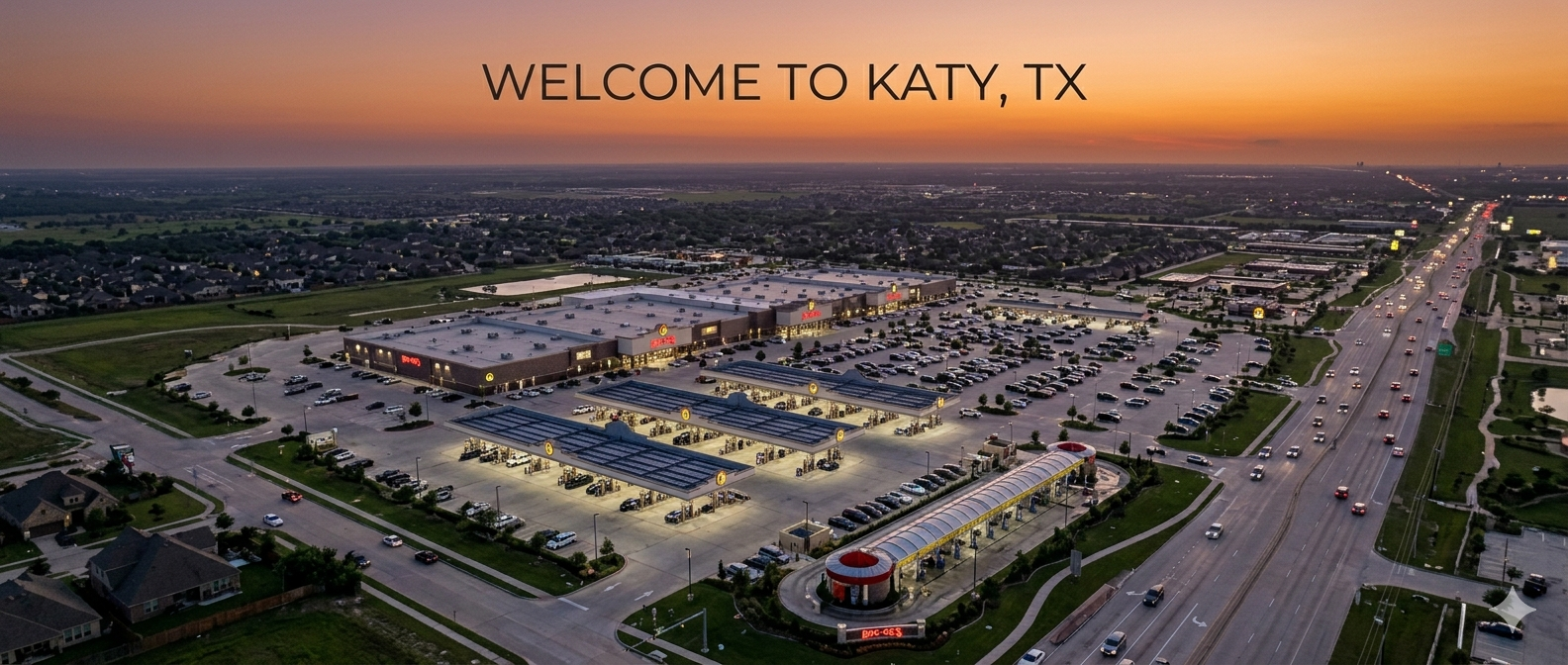 Aerial view of a shopping center parking lot in Katy, Texas, at sunset, with multiple stores, parking spaces, and surrounding roads filled with cars.