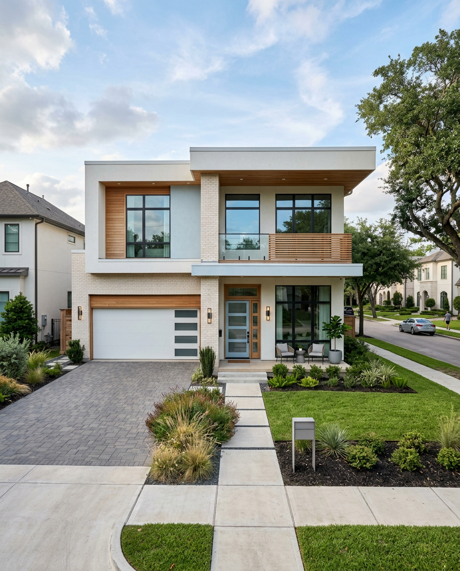 Modern two-story house with a flat roof, large windows, and a mix of white brick and wood siding, with a driveway, sidewalk, and landscaped front yard.