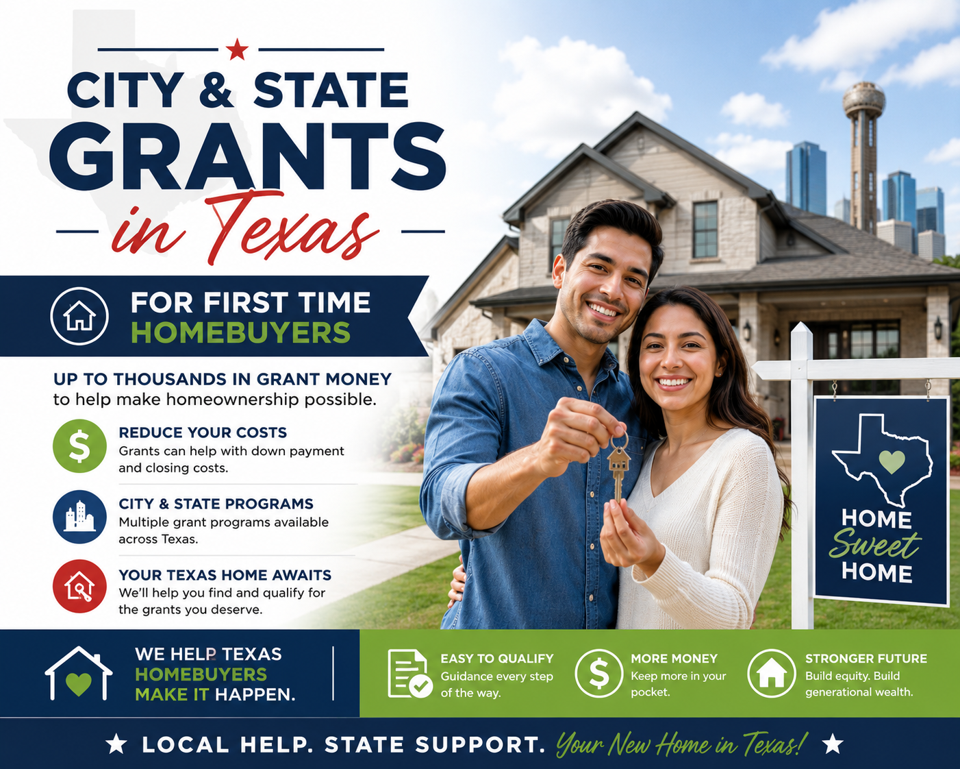 A smiling couple standing in front of a house, holding a key. The house has a yard with a sign that says "Home Sweet Home". The image promotes city and state grants for first-time homebuyers in Texas.