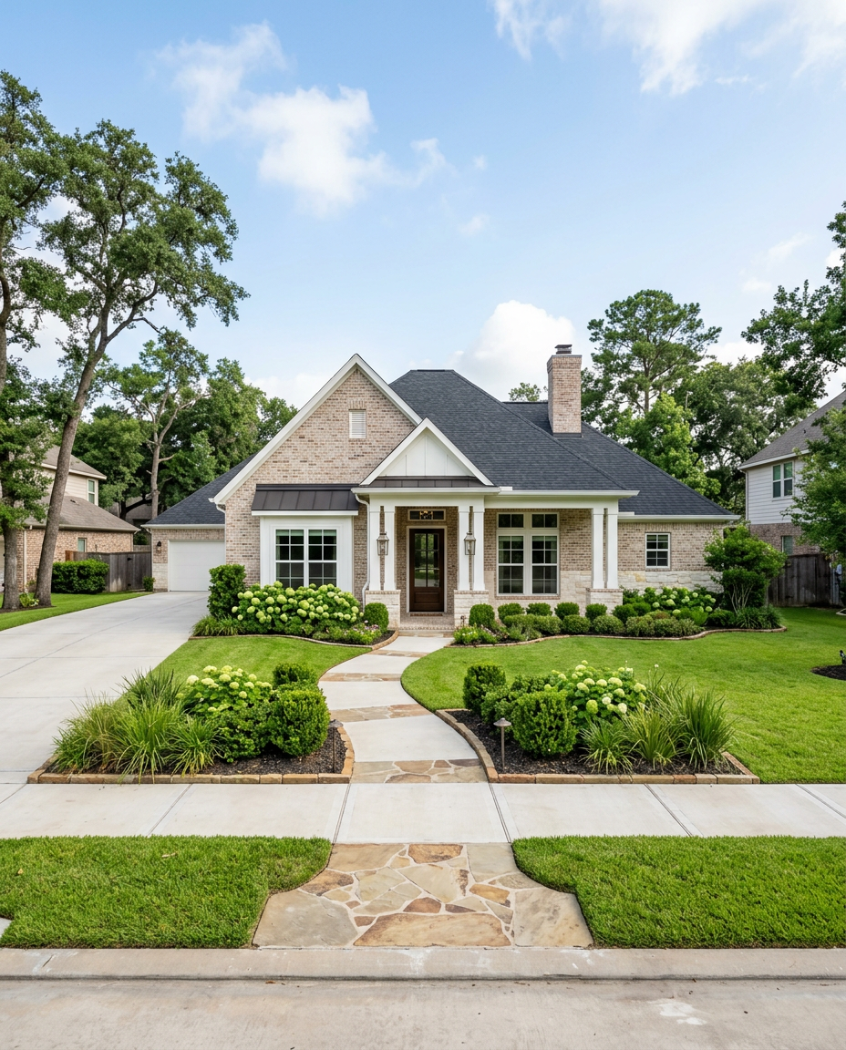 Front view of a modern, well-maintained house with a landscaped lawn and garden. The house has brick and white siding, a black roof, and a front porch with columns. A curved stone pathway leads from the sidewalk to the front door, passing through green grass and flower beds with white flowering bushes, ornamental grasses, and shrubs. The background shows a blue sky with scattered clouds and tall trees.
