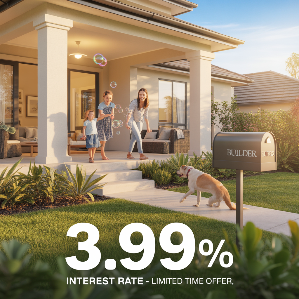A family, including two children and a woman, playing with bubbles on the porch of a modern house during sunset. A dog is sitting on the sidewalk, and there's a mailbox labeled 'BUILDER' in the front yard, with text advertising a 3.99% interest rate limited-time offer.