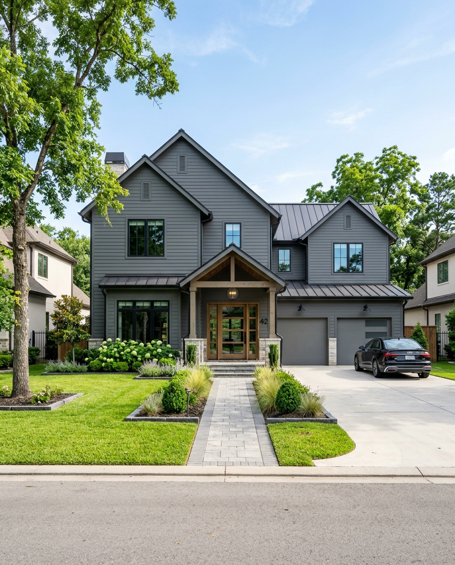 Modern two-story gray house with a landscaped front yard, a driveway with a black car, and a paved walkway leading to the front door under a small porch, surrounded by green trees and grass.