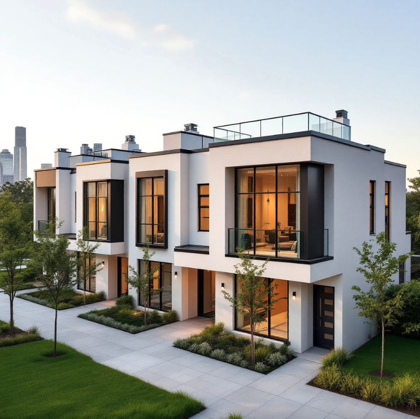 Modern white residential building with large windows, black accents, balconies, and green landscaping, situated in an urban area.