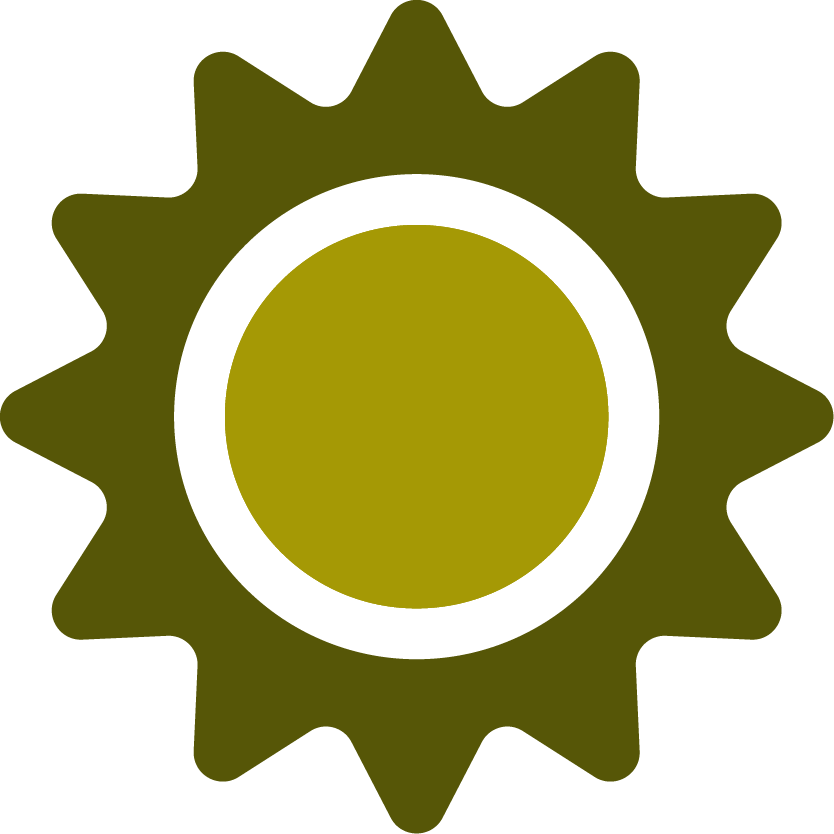 A stylized graphic of a gold and black face of the sun with radiating rays.