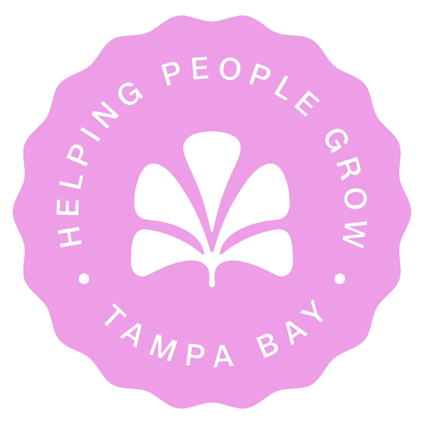 Pink badge with black text titled "Helping People Grow" and "Tampa Bay" surrounding a stylized plant logo.