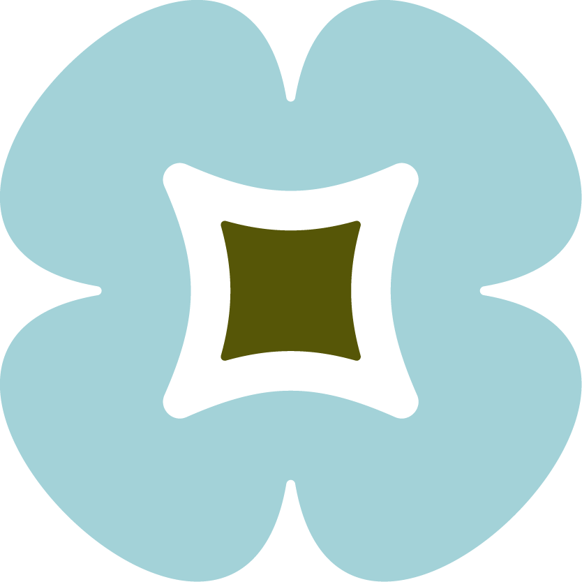 An abstract illustration of a flower with four light blue petals surrounding a dark green center.
