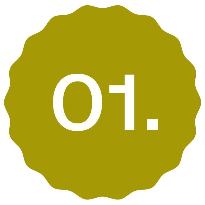 A gold badge with the text '01.' in white.