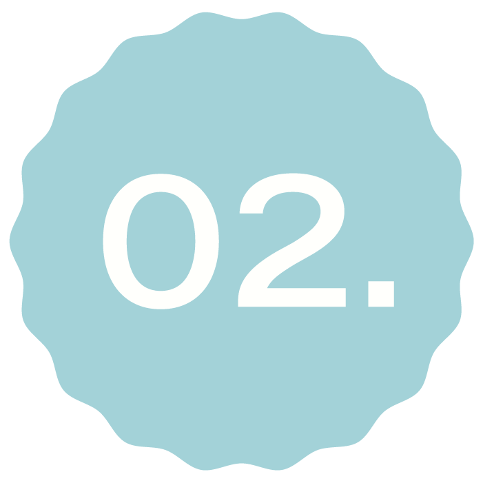 Number 02 in white on a light blue scalloped circular background.