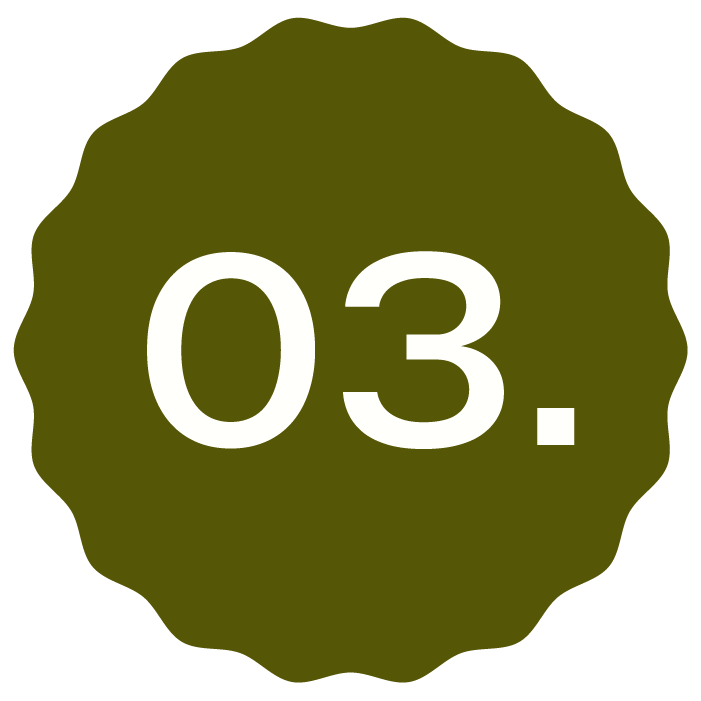 Number 03 on a green, scalloped badge or sticker.